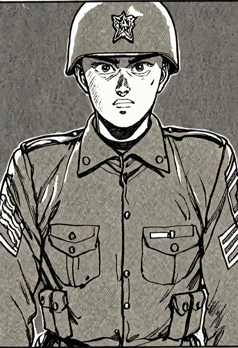a black and white comic book illustration of a soldier,  style akirabw on Tensor.Art