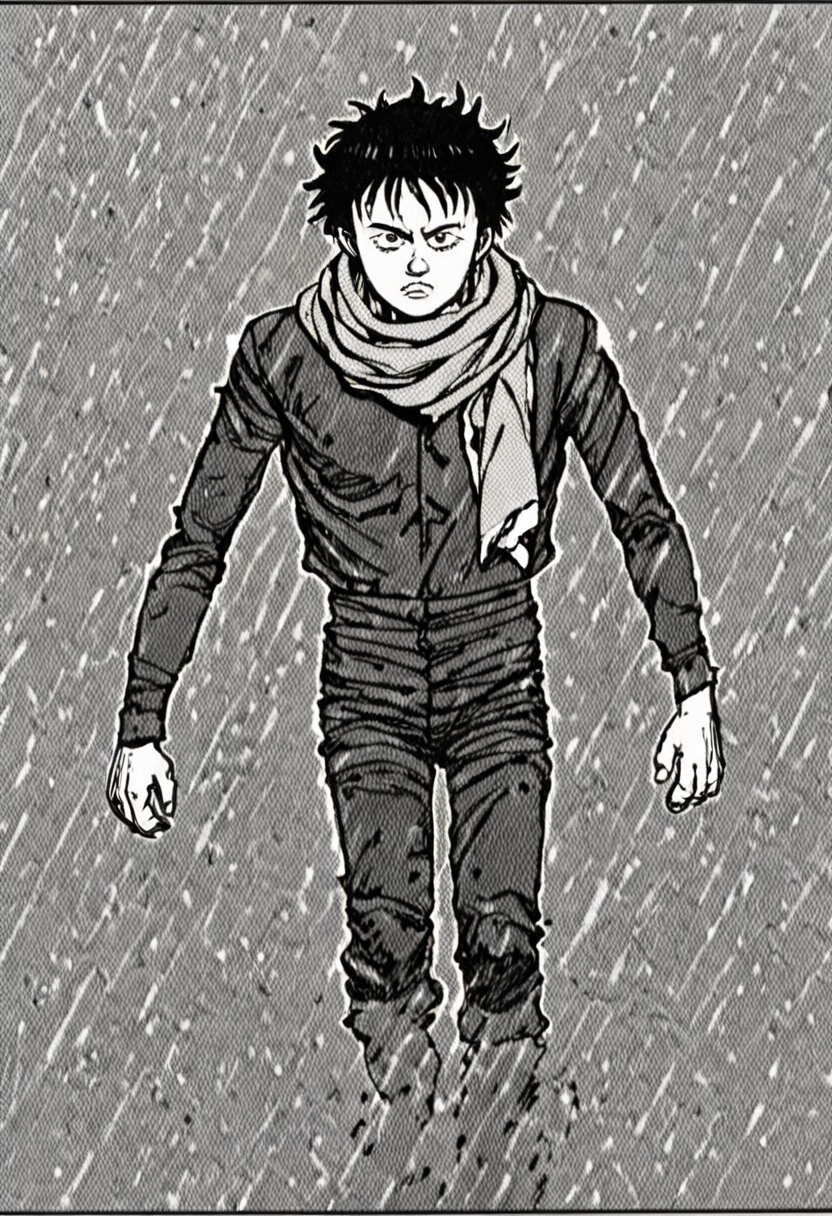 a black and white comic book illustration of a man walking through the water with a ragged scarf ,  style akirabw on Tenso...