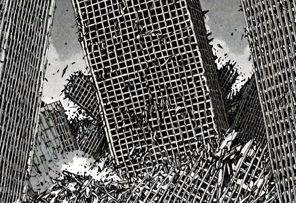 a black and white comic book illustration of a destroyed skyscraper building,  style akirabw on Tensor.Art
