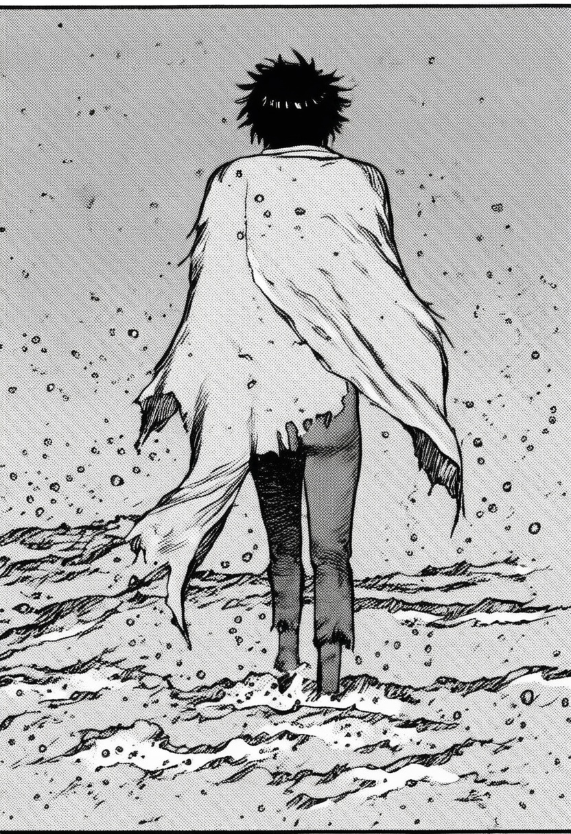 a black and white comic book illustration of a man walking through the water with a ragged scarf ,  style akirabw on Tenso...
