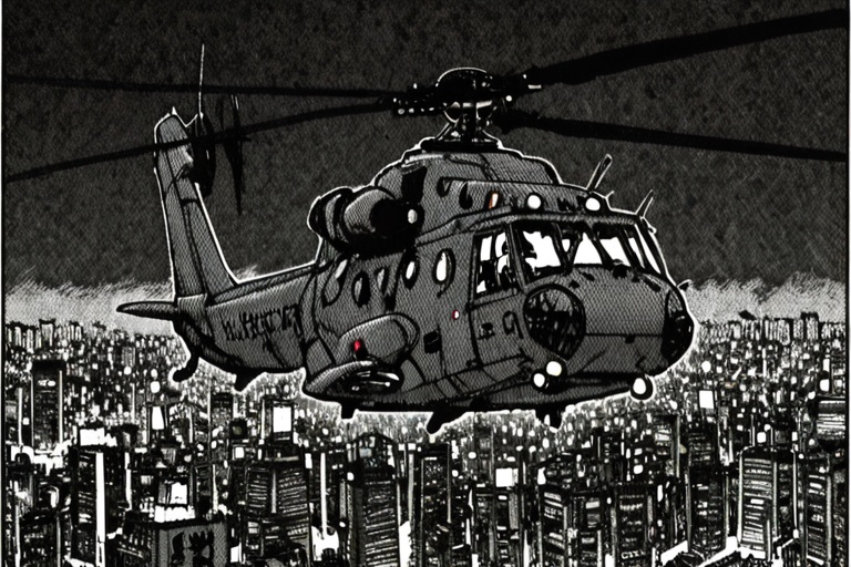 a black and white comic book illustration of a large military helicopter flying over new tokyo at night,  style akirabw on...