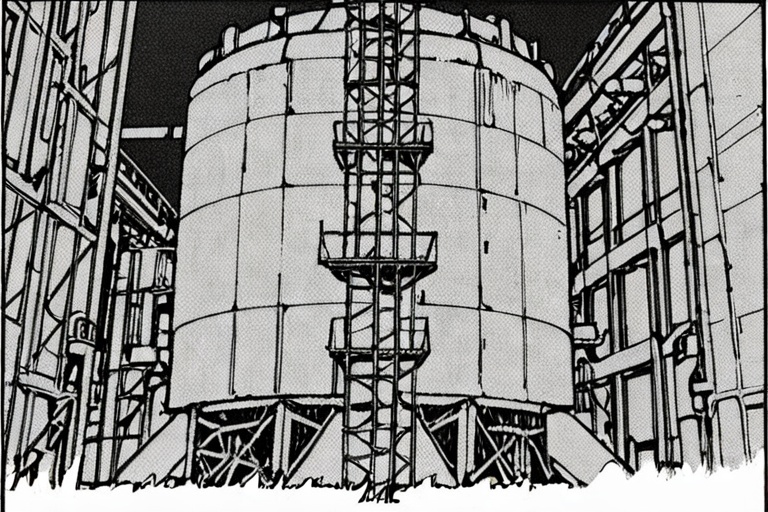 a black and white comic book illustration of a gigantic industrial cryogenic containment facility,  style akirabw on Tenso...