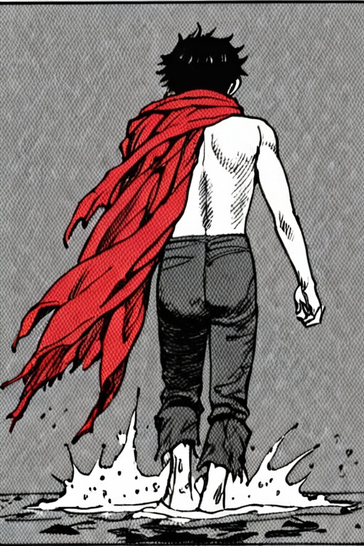 a black and white comic book illustration of a man walking through the water with a ragged red scarf ,  style akirabw on T...