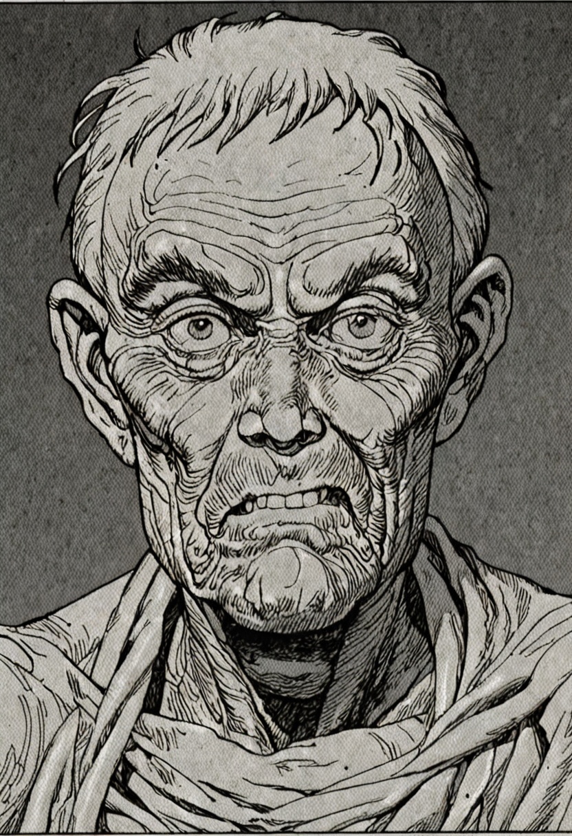a black and white comic book illustration of ancient 200 year old man,  wrinkled skin,  style akirabw on Tensor.Art