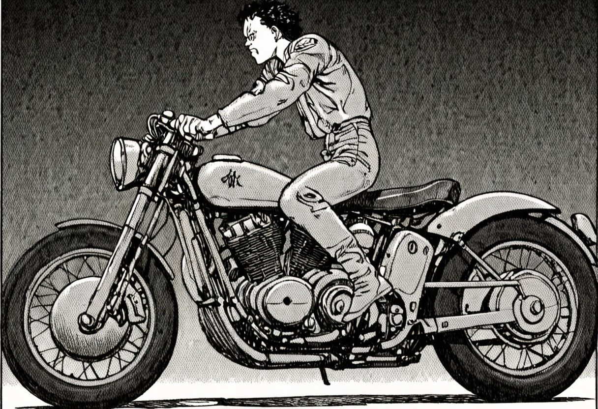 a black and white comic book illustration of a man on a motorcycle,  profile,  side view on Tensor.Art