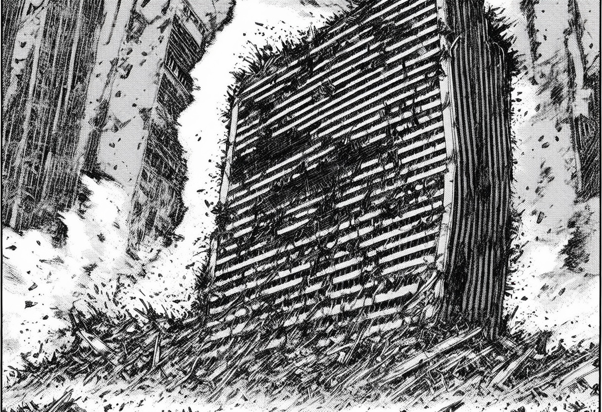 a black and white comic book illustration of a destroyed skyscraper building,  style akirabw on Tensor.Art