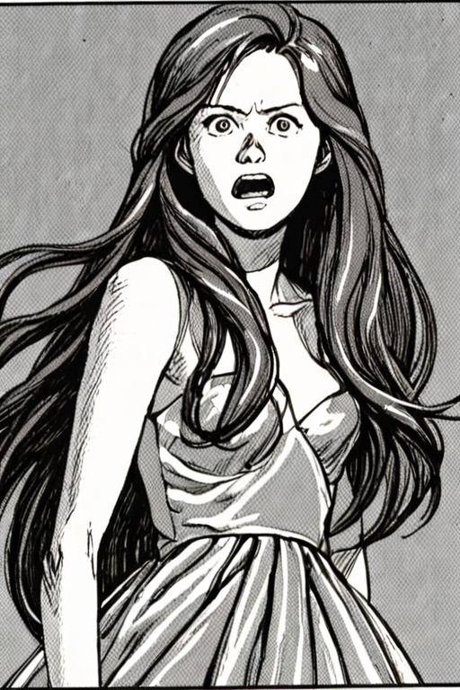 a black and white comic book illustration of a woman,  wide shot,  :d expression on Tensor.Art