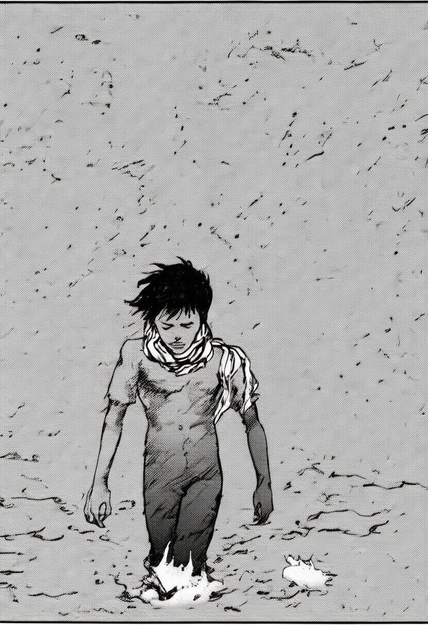 a black and white comic book illustration of a man walking through the water with a ragged scarf,  style akirabw ,  Comic...