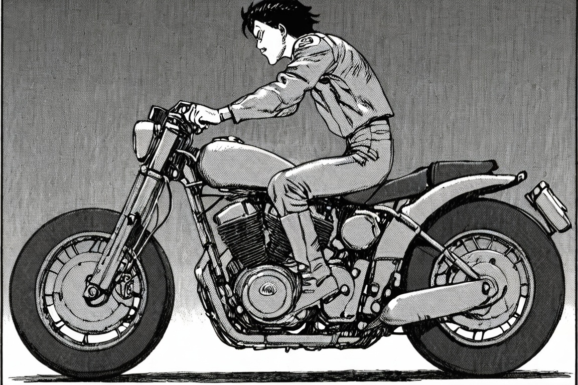 a black and white comic book illustration of a man on a motorcycle,  profile,  side view on Tensor.Art