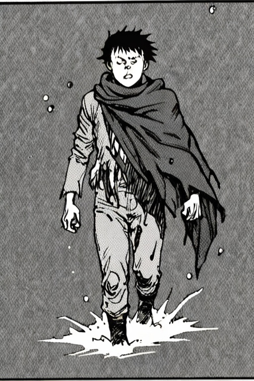 a black and white comic book illustration of a man walking through the water with a ragged scarf ,  style akirabw on Tenso...