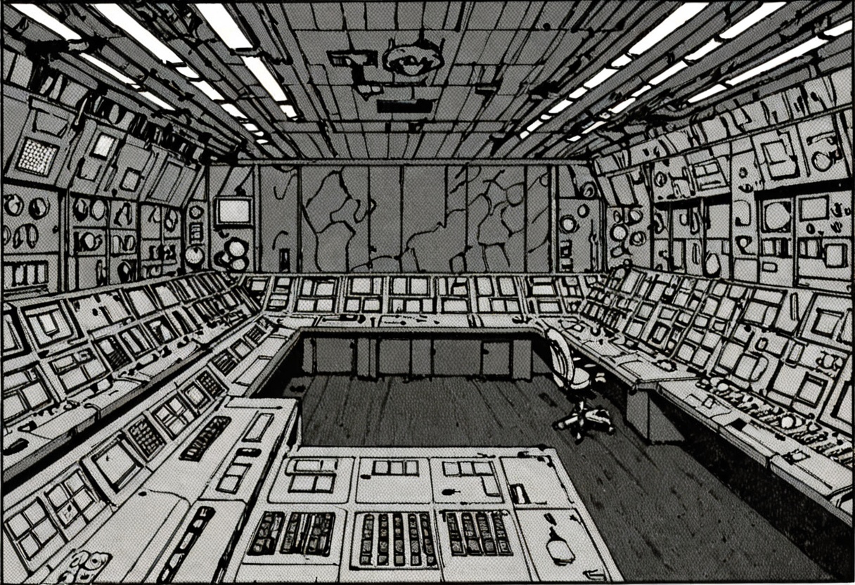 a black and white comic book illustration of a large military control room,  style akirabw on Tensor.Art