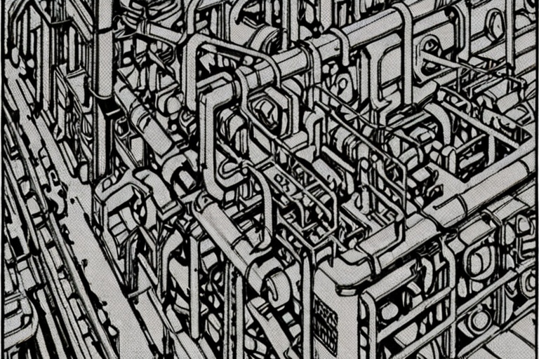 a black and white comic book illustration of a large factory machine,  style akirabw on Tensor.Art