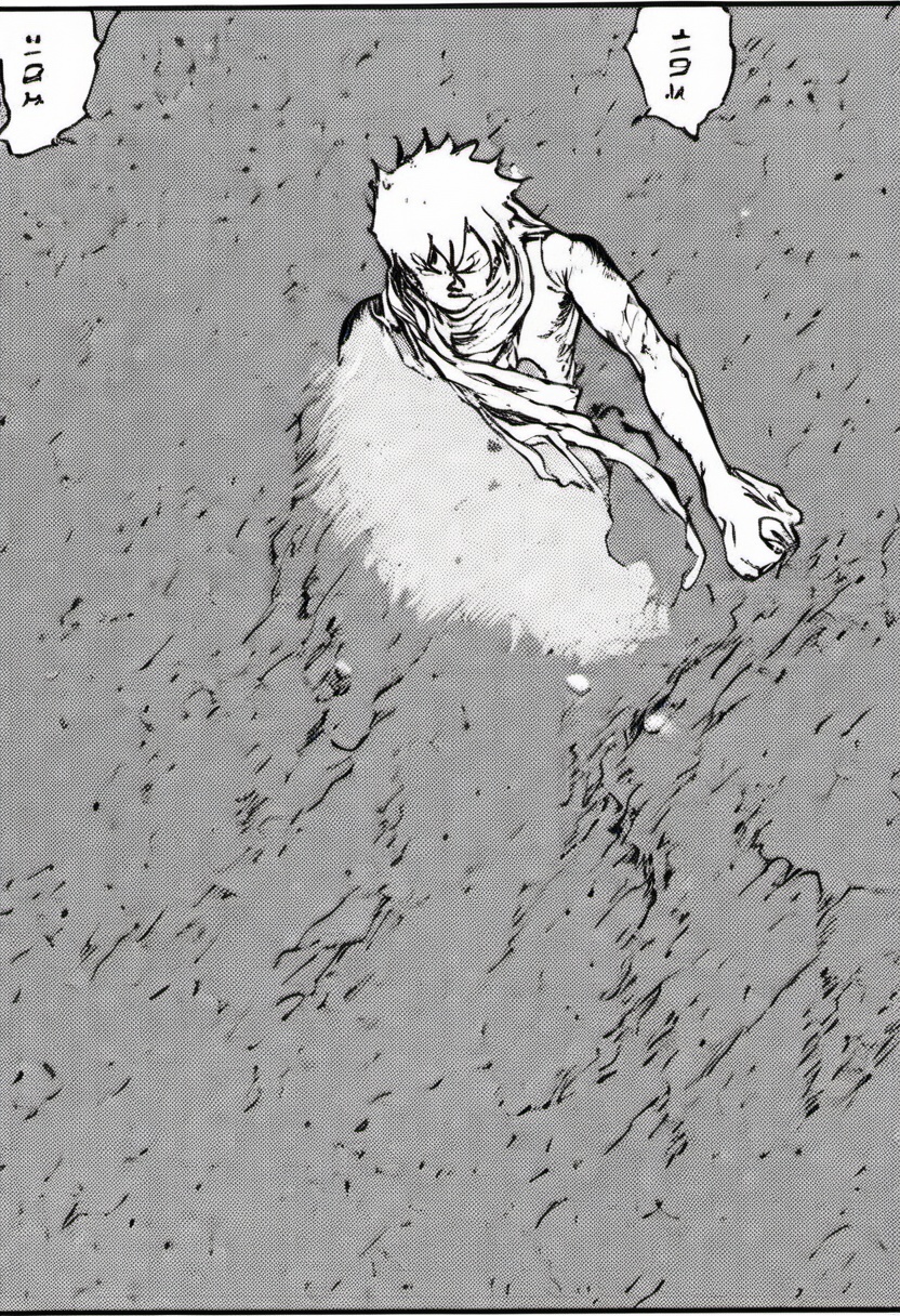 a black and white comic book illustration. Closeup of a man walking through the water with a ragged scarf,  style akirabw...