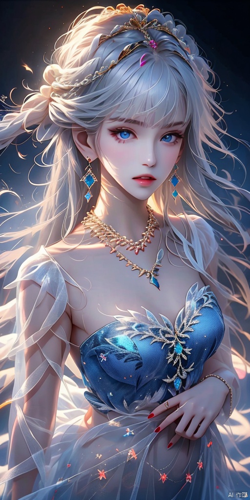  1girl, solo, long hair, looking at viewer, bangs, blue eyes, jewelry, upper body, white hair, earrings, parted lips, necklace, parted bangs, grey eyes, crescent, Crystal Slipper, Full body phase, xinyue