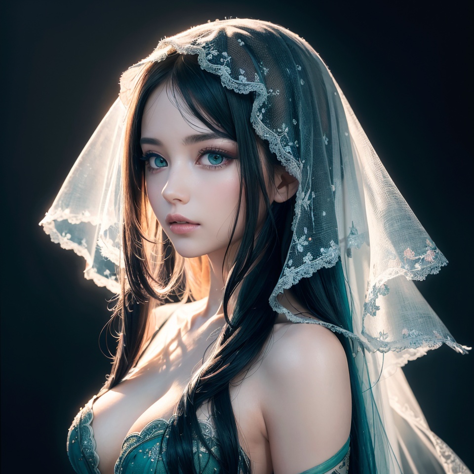 A captivating mixed media masterpiece showcasing a mysterious veiled woman. The delicate lace pattern on her veil blends s...