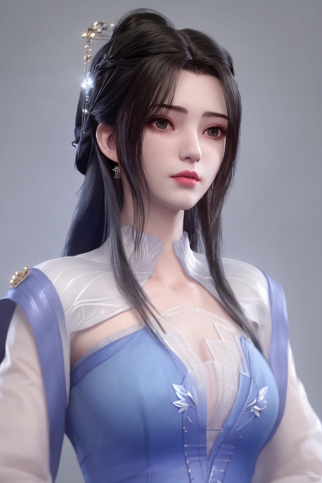 1girl,black hair,braid,breasts,chinese clothes,cleavage,closed mouth,hair ornament,hanfu,jewelry,lips,long hair,long sleeves,shawl,simple background,sleeves past wrists,solo,upper body,white background,wide sleeves