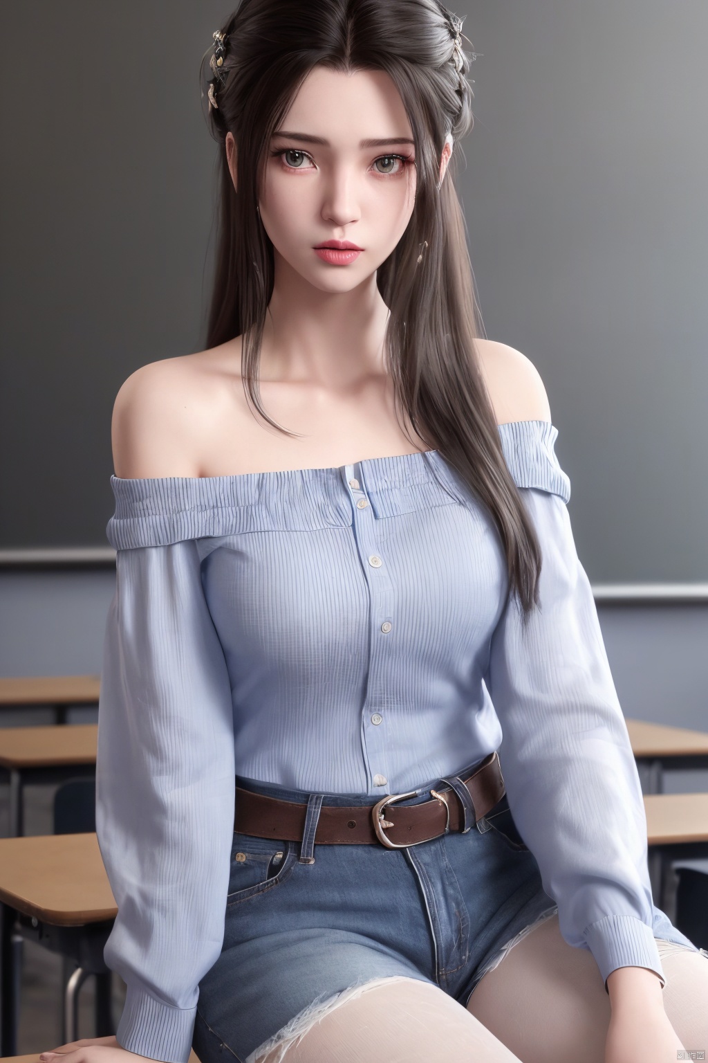 ((HRD, HUD, 8K)),((masterpiece, best quality)), highly detailed, soft light,1girl, solo, long hair, black hair, blue eyes, facial mark, forehead mark, crescent, lips, (off-shoulder shirt:1.2), denim shorts, black pantyhose, blurry background, classroom, chalkboard, sitting, cowboy shot, looking at viewer,