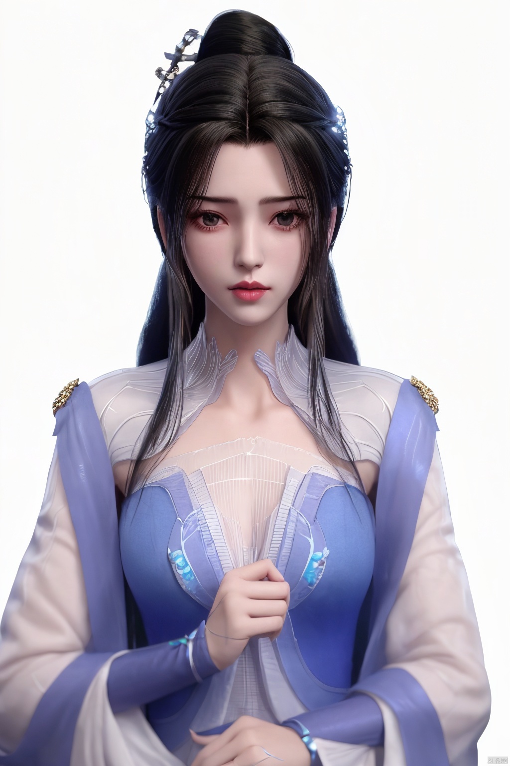 1girl,black hair,braid,breasts,chinese clothes,cleavage,closed mouth,hair ornament,hanfu,jewelry,lips,long hair,long sleeves,shawl,simple background,sleeves past wrists,solo,upper body,white background,wide sleeves