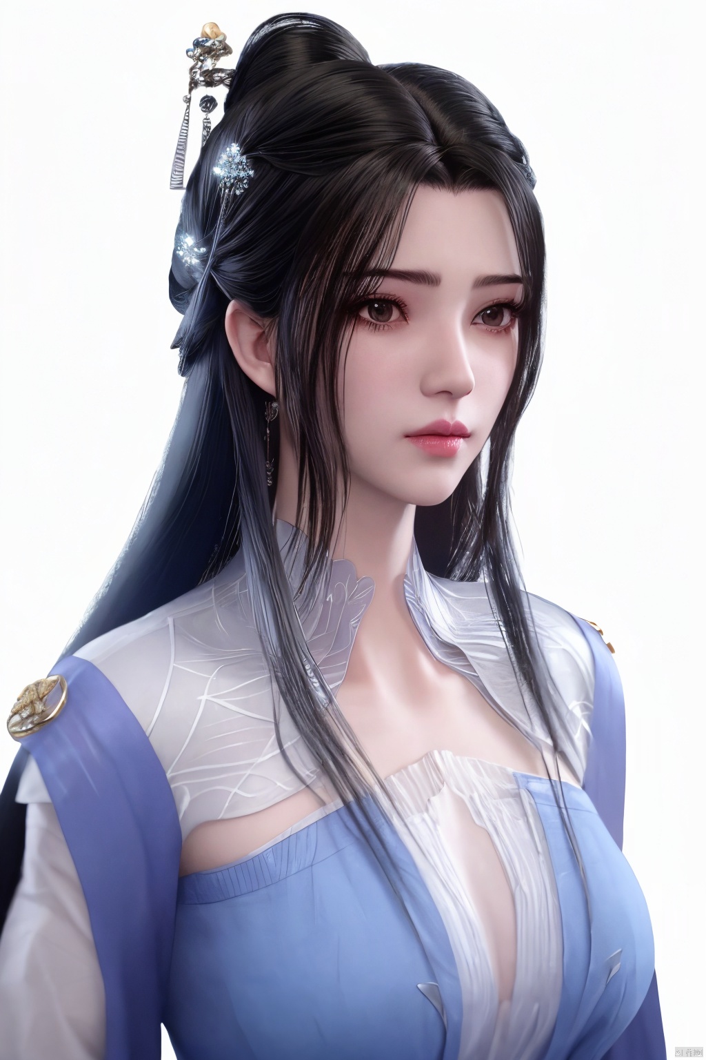 1girl,black hair,breasts,cleavage,closed mouth,hair ornament,hanfu,lips,long hair,looking at viewer,portrait,simple background,solo,upper body,white background