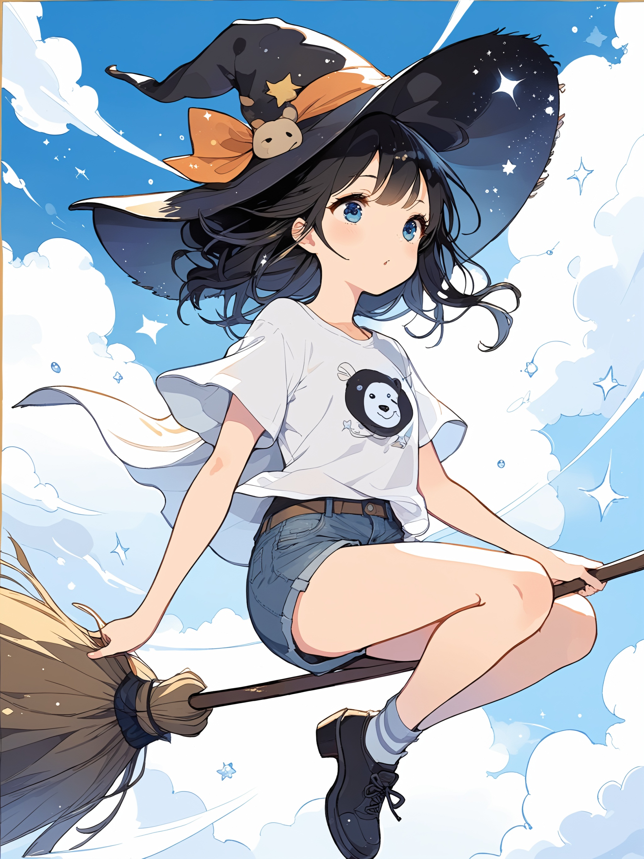 Illustration of a girl flying in the blue sky astride a magic broom. Girl is wearing T-shirt and denim shorts. Beautiful e...