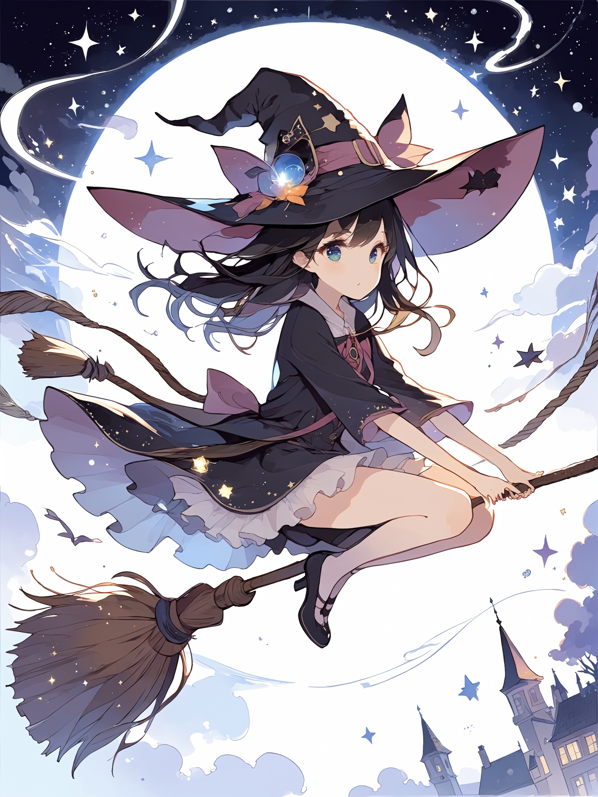 Illustration of a magical girl flying in the sky astride a magic broom. The girl is dressed as a witch. She is wearing a b...