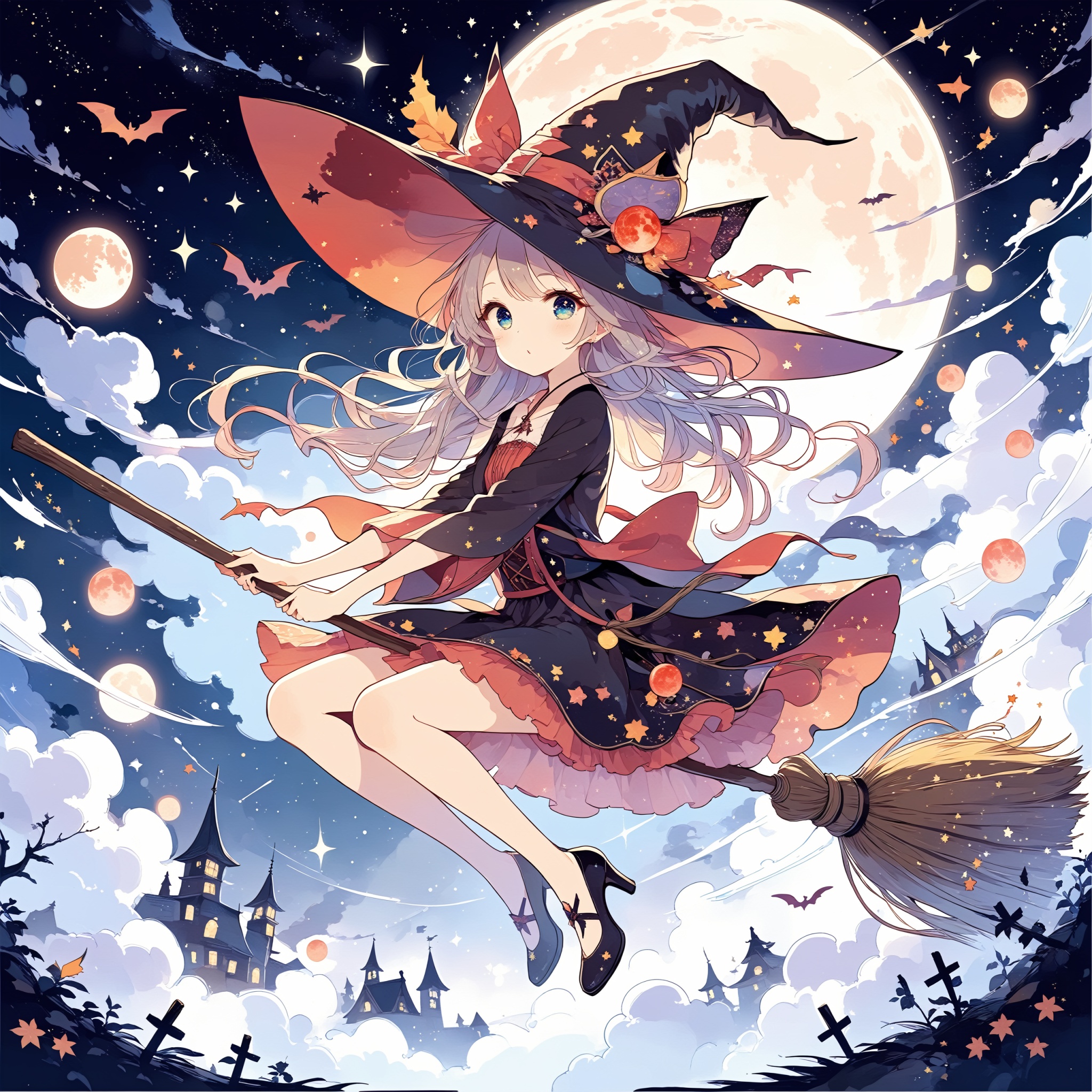 Illustration of a magical girl flying in the sky . The girl is dressed as a witch. She is wearing a big witch hat. Japanes...