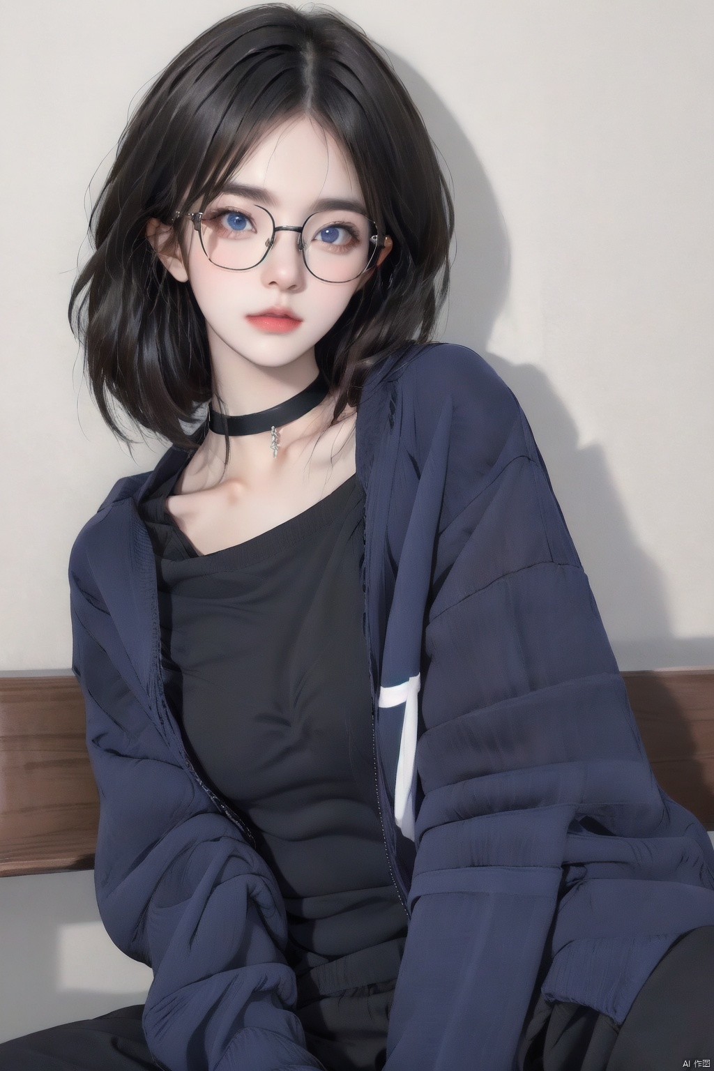  1girl, solo, looking at viewer, short hair, blue eyes, shirt, black hair, sitting, closed mouth, jacket, upper body, open clothes, glasses, choker, hood, lips, black shirt, black choker, cross, blue jacket, black-framed eyewear, realistic, bench