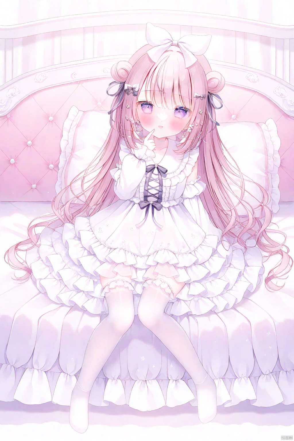 omochi monaka, 1girl, double bun, hair bow,  hair ornament, expressionless, see-through, lace,
white thighhighs, frilled thighhighs, no shoes, pillow, ribbon, gothic lolita, white dress,  full body,
lolita fashion, shamed ,blush, pink room, bed  , from side, stuffed toys, light smile, finger at mouth
masterpiece, best quality, white background, omochi_newest,