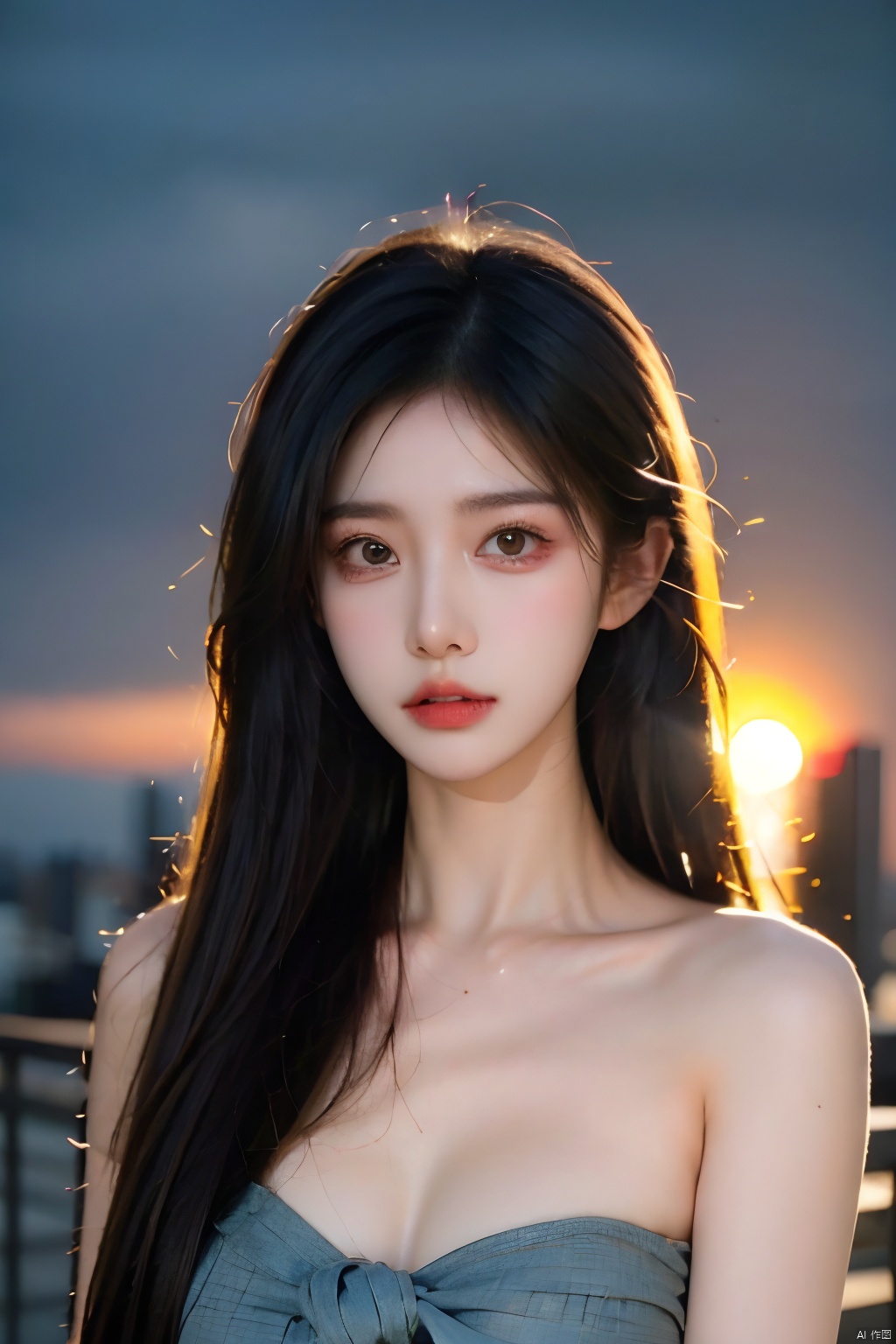  skdress,NSFW,Frontal photography,Look front,evening,dark clouds,the setting sun,On the city rooftop,A 20 year old female,black hair,long hair,dark theme,muted tones,pastel colors,high contrast,(natural skin texture, A dim light, high clarity) ((sky background))((Facial highlights)),
masterpiece,best quality,
,