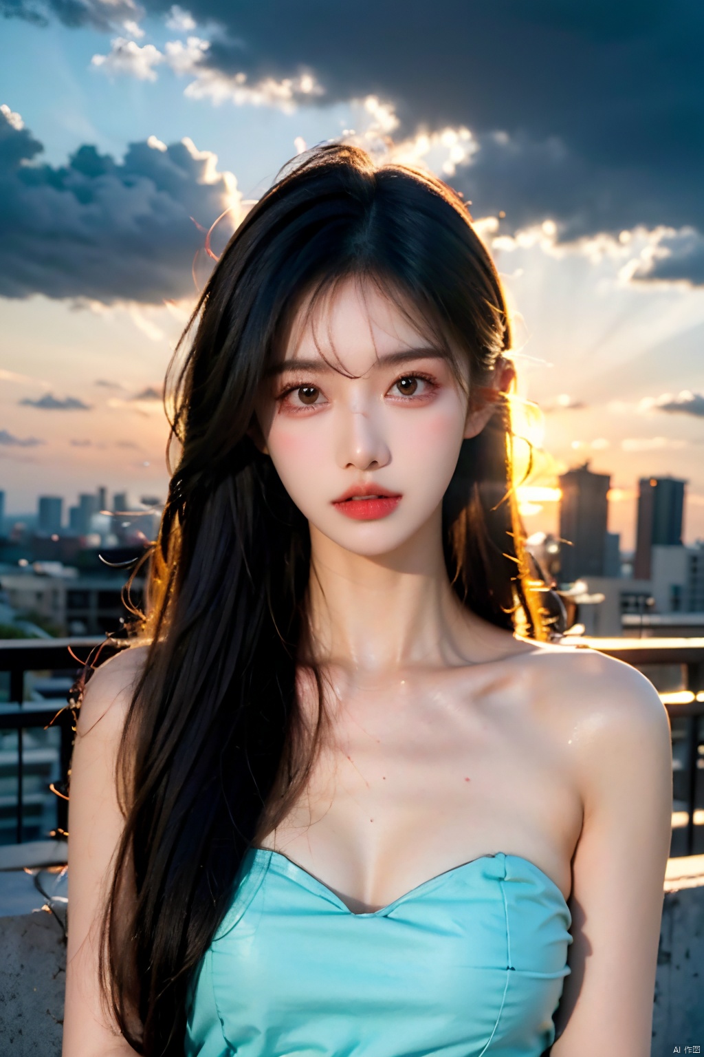  skdress,NSFW,Frontal photography,Look front,evening,dark clouds,the setting sun,On the city rooftop,A 20 year old female,black hair,long hair,dark theme,muted tones,pastel colors,high contrast,(natural skin texture, A dim light, high clarity) ((sky background))((Facial highlights)),
masterpiece,best quality,
,