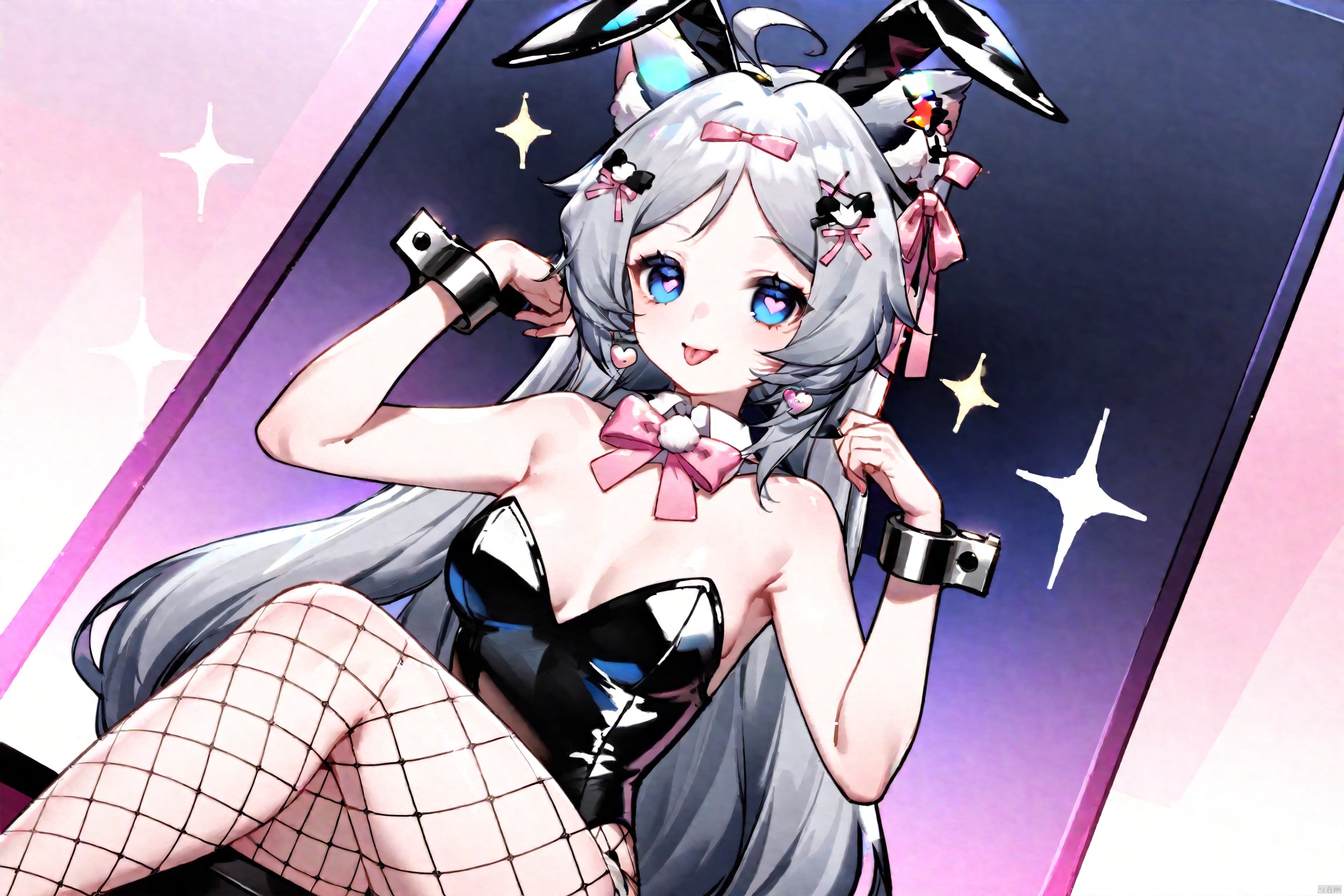  1girl,Medium breast,1girl, solo,blue eyes, solo, animal ears, bow, pink bow, long hair, grey hair,breasts, looking at viewer, smile, bangs, hair ornament, bow, ribbon, animal ears, bare shoulders, jewelry, sitting, ahoge, heart, pantyhose, multicolored hair, earrings, tongue, tongue out, bowtie, rabbit ears, red bow, leotard, symbol-shaped pupils, hands up, clothing cutout, sparkle, fake animal ears, chain, playboy bunny, x hair ornament, fishnets, black leotard, cuffs, fishnet pantyhose, handcuffs, heart cutout,