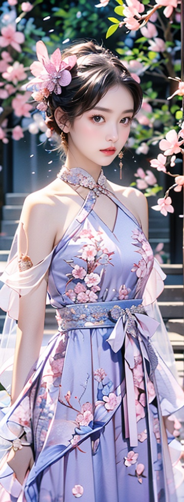 A 16-year-old Japanese beauty,  in the sakura flowers.Turn slightly,  iris purple dress on Tensor.Art
