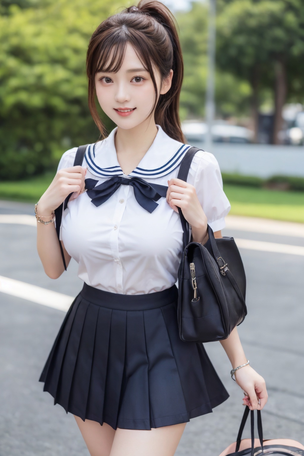  jk2, 1girl, solo, school uniform, skirt, bag, ponytail, long hair, serafuku, smile, ribbon, outdoors, short sleeves, pleated skirt, bracelet, hair ribbon, sailor collar, shirt, day, black hair, pink ribbon, school bag, sky, blue sky, jewelry, standing, black skirt, white shirt, brown hair, jk, Nakagawa_Kokoro, Hashimoto_Kanna,(big breasts:1.29), (full breasts:1.29)