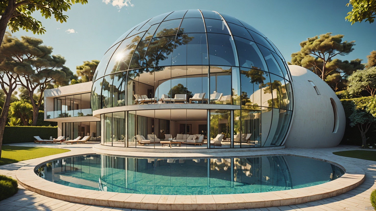 modernvilla,A spherical villa,
architecture, building, 
masterpiece,best quality,super detailed,realistic,photorealistic, 8k, sharp focus,a photo of a building,
A whole piece of glass,
Circular swimming pool,
﻿
Glass reflection,
Adequate sunlight,
﻿