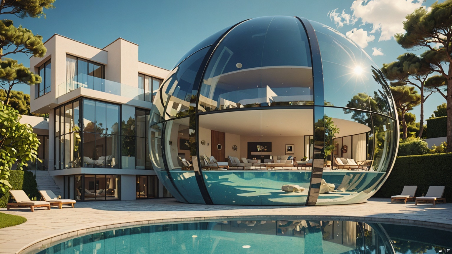 modernvilla,A spherical villa,
architecture, building, 
masterpiece,best quality,super detailed,realistic,photorealistic, 8k, sharp focus,a photo of a building,
A whole piece of glass,
Circular swimming pool,
﻿
Glass reflection,
Adequate sunlight,
﻿