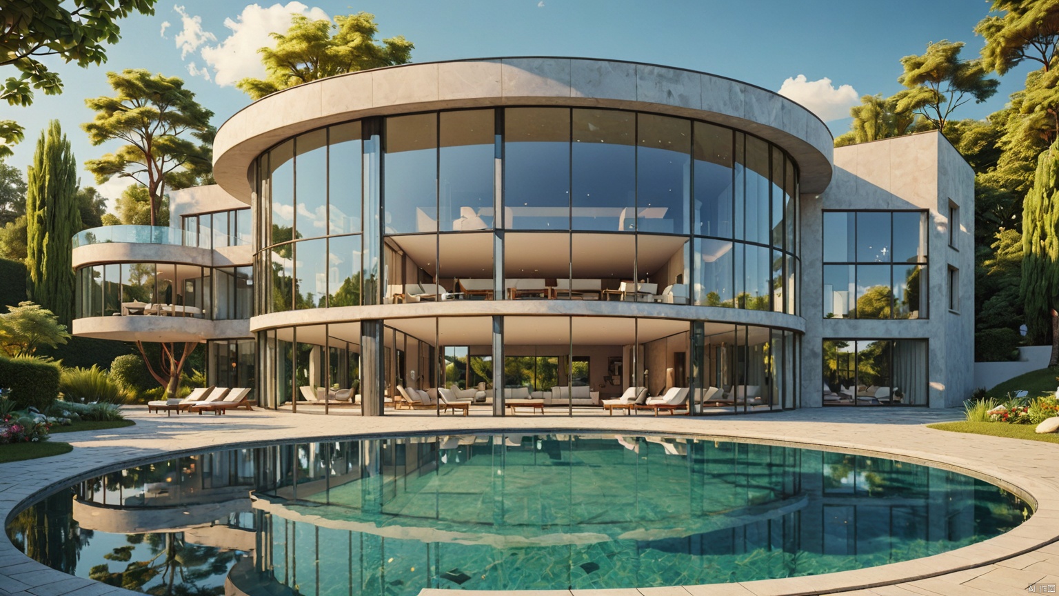 modernvilla,Lakeside Villa,
architecture, building, 
masterpiece,best quality,super detailed,realistic,photorealistic, 8k, sharp focus,a photo of a building,
A whole piece of glass,
Circular swimming pool,
﻿
Glass reflection,
Adequate sunlight,
﻿