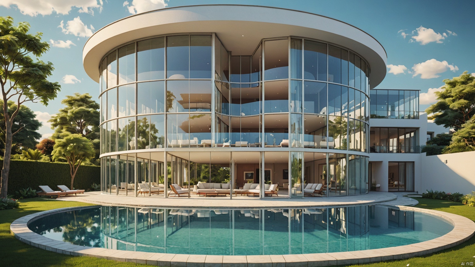 modernvilla,
architecture, building, 
masterpiece,best quality,super detailed,realistic,photorealistic, 8k, sharp focus,a photo of a building,
A whole piece of glass,
Circular swimming pool,
﻿
Glass reflection,
Adequate sunlight,
﻿