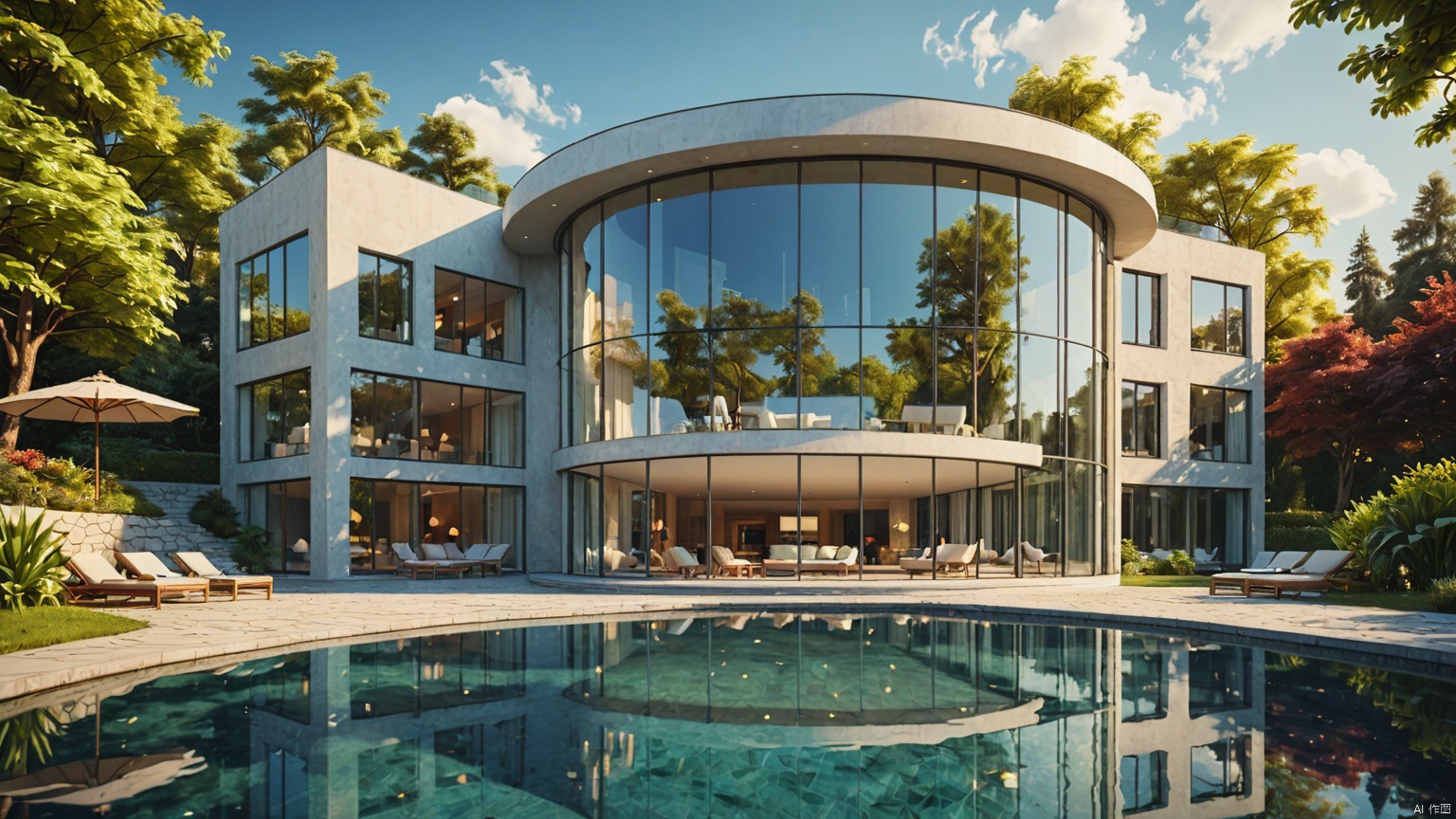 modernvilla,Lakeside Villa,
architecture, building, 
masterpiece,best quality,super detailed,realistic,photorealistic, 8k, sharp focus,a photo of a building,
A whole piece of glass,
Circular swimming pool,
﻿
Glass reflection,
Adequate sunlight,
﻿