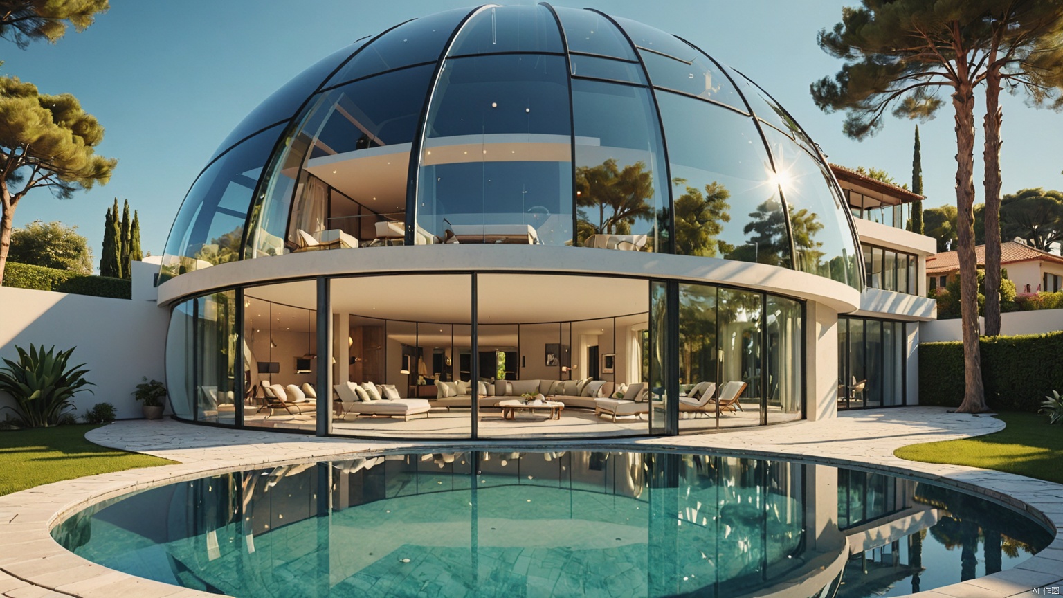 modernvilla,A spherical villa,
architecture, building, 
masterpiece,best quality,super detailed,realistic,photorealistic, 8k, sharp focus,a photo of a building,
A whole piece of glass,
Circular swimming pool,
﻿
Glass reflection,
Adequate sunlight,
﻿