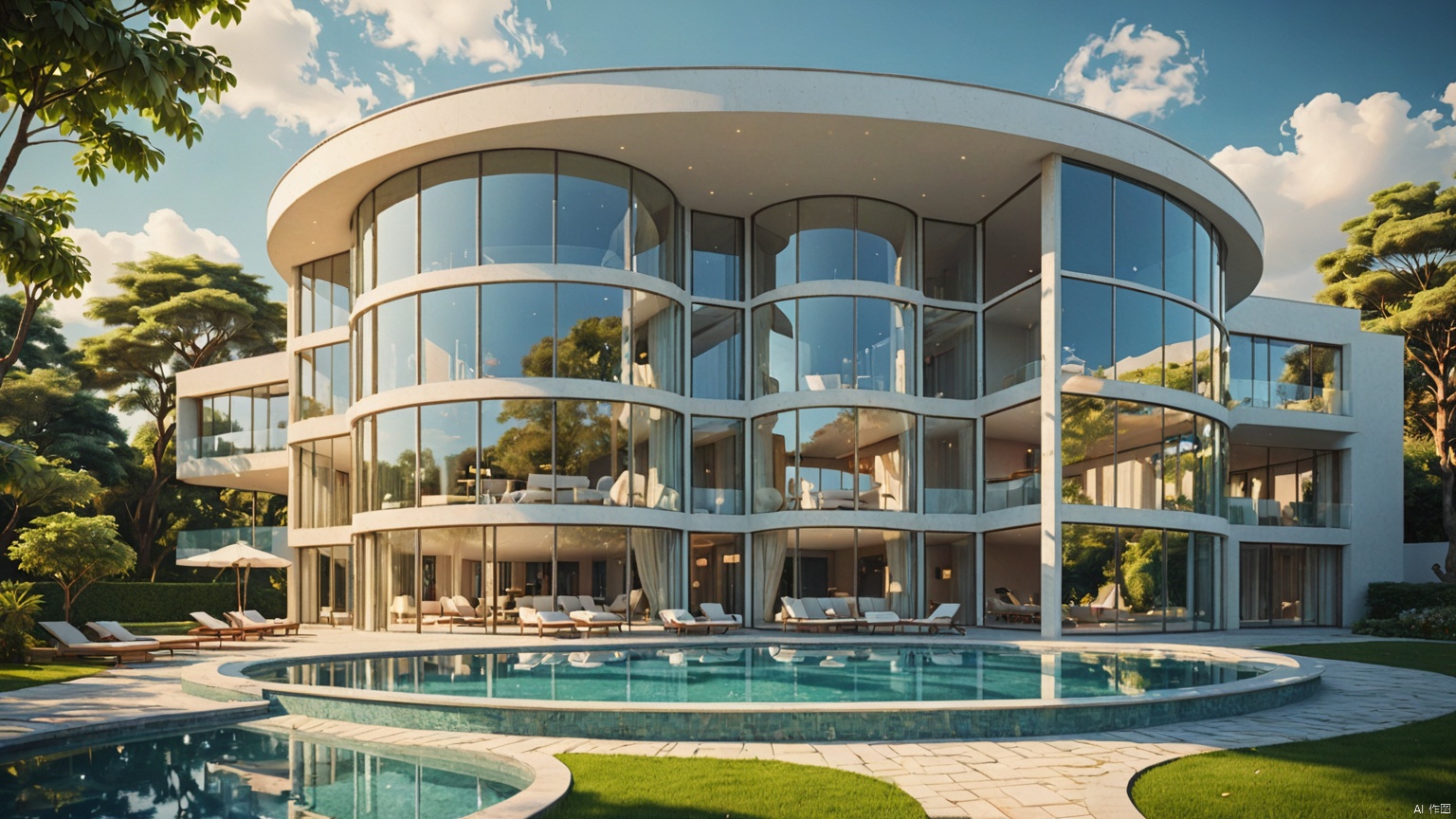 modernvilla,
architecture, building, 
masterpiece,best quality,super detailed,realistic,photorealistic, 8k, sharp focus,a photo of a building,
A whole piece of glass,
Circular swimming pool,
﻿
Glass reflection,
Adequate sunlight,
﻿