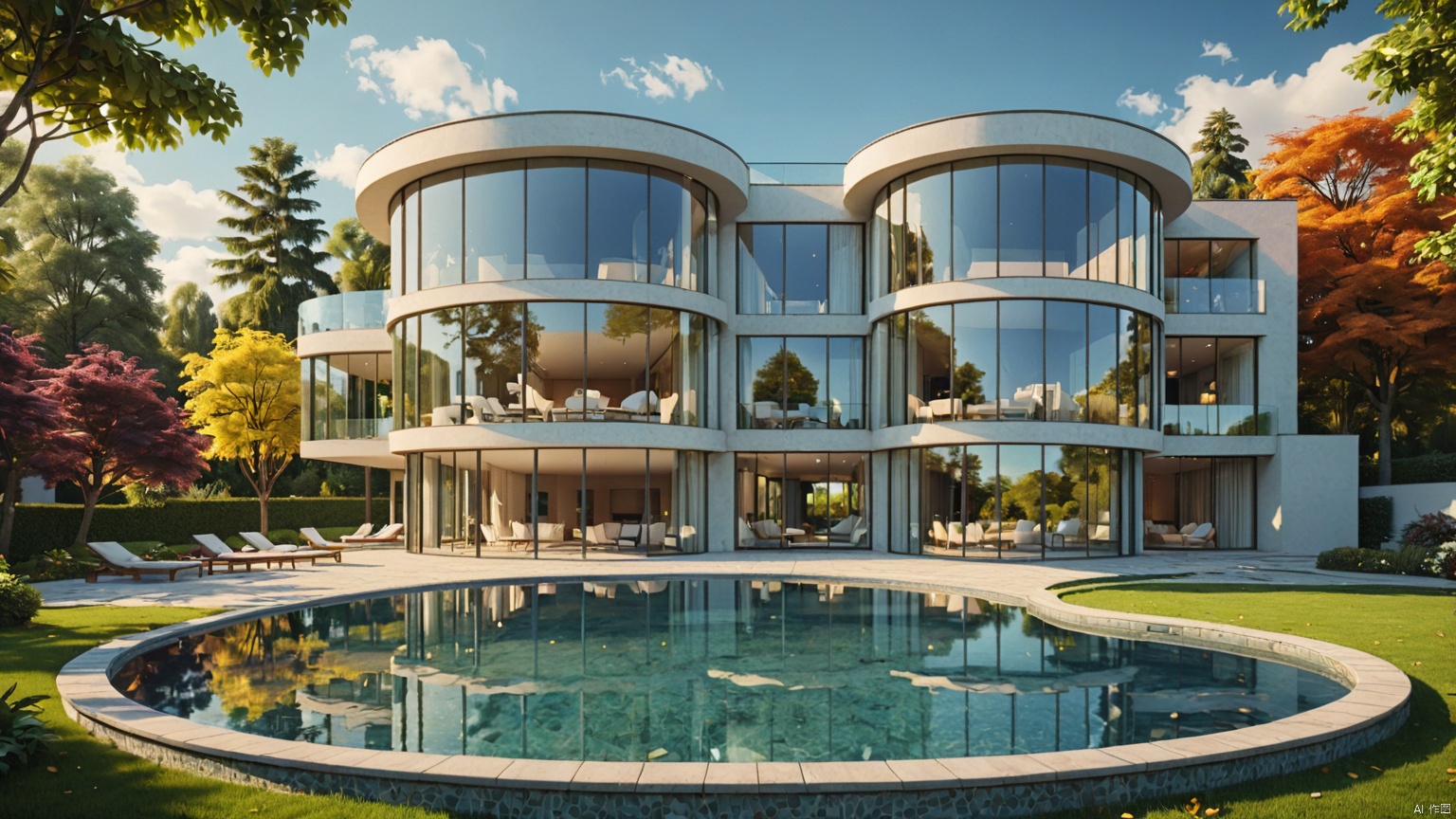 modernvilla,Lakeside Villa,
architecture, building, 
masterpiece,best quality,super detailed,realistic,photorealistic, 8k, sharp focus,a photo of a building,
A whole piece of glass,
Circular swimming pool,
﻿
Glass reflection,
Adequate sunlight,
﻿