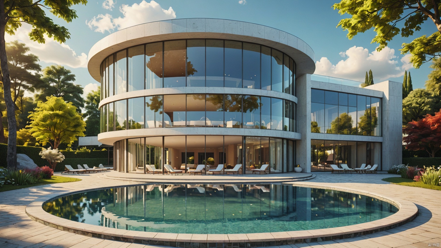 modernvilla,Lakeside Villa,
architecture, building, 
masterpiece,best quality,super detailed,realistic,photorealistic, 8k, sharp focus,a photo of a building,
A whole piece of glass,
Circular swimming pool,
﻿
Glass reflection,
Adequate sunlight,
﻿