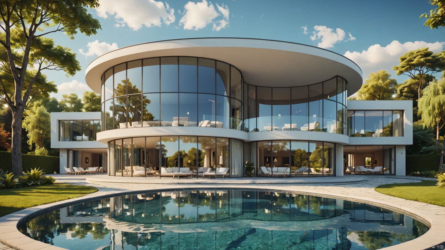 modernvilla,Lakeside Villa,
architecture, building, 
masterpiece,best quality,super detailed,realistic,photorealistic, 8k, sharp focus,a photo of a building,
A whole piece of glass,
Circular swimming pool,
﻿
Glass reflection,
Adequate sunlight,
﻿