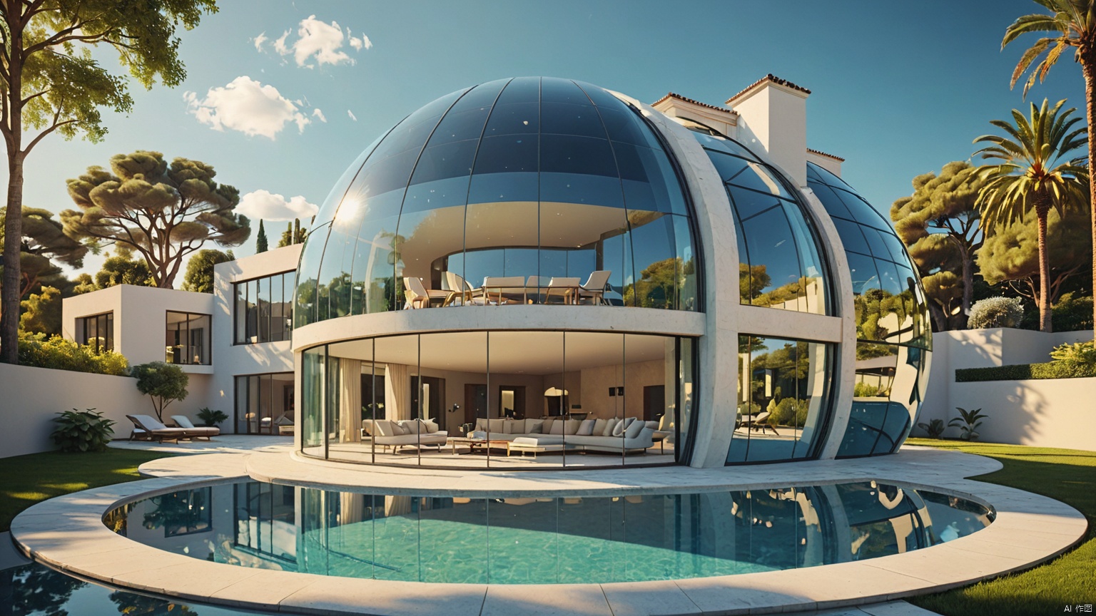modernvilla,A spherical villa,
architecture, building, 
masterpiece,best quality,super detailed,realistic,photorealistic, 8k, sharp focus,a photo of a building,
A whole piece of glass,
Circular swimming pool,
﻿
Glass reflection,
Adequate sunlight,
﻿