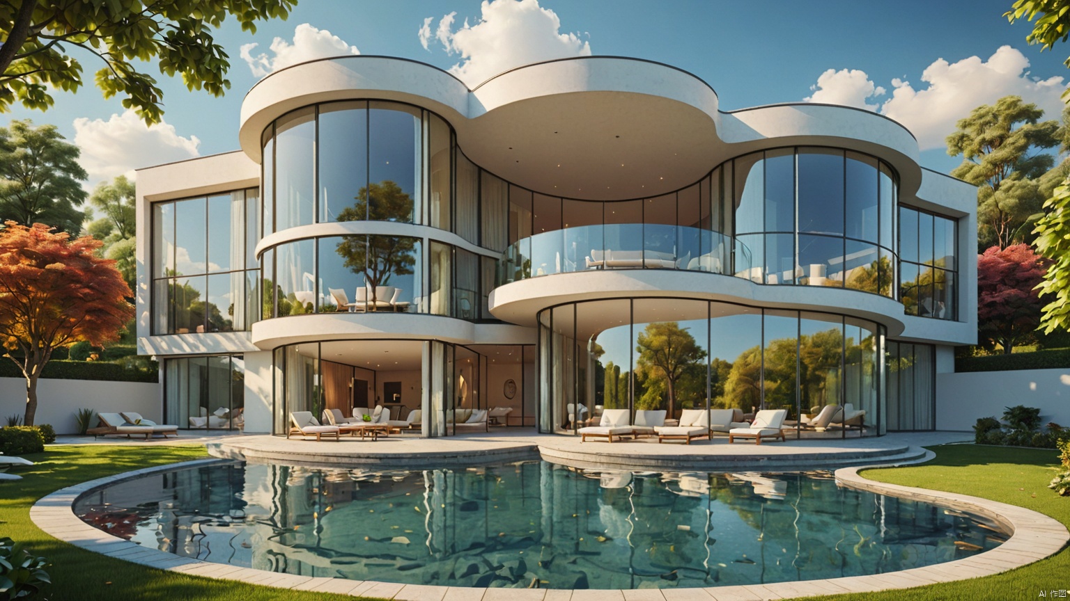 modernvilla,Lakeside Villa,
architecture, building, 
masterpiece,best quality,super detailed,realistic,photorealistic, 8k, sharp focus,a photo of a building,
A whole piece of glass,
Circular swimming pool,
﻿
Glass reflection,
Adequate sunlight,
﻿