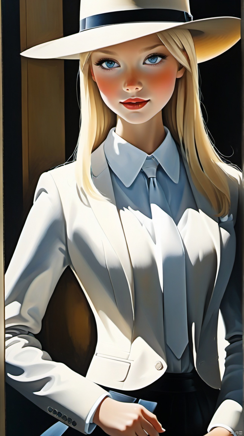 Best quality,masterpiece,ultra high res,(photorealistic:1.4),raw photo,light smile,1girl,blonde hair,detailed eyes and face,White Skin,black suit,dynamic lighting,in the dark,deep shadow,low key,cowboy shot full-lenght body,, 