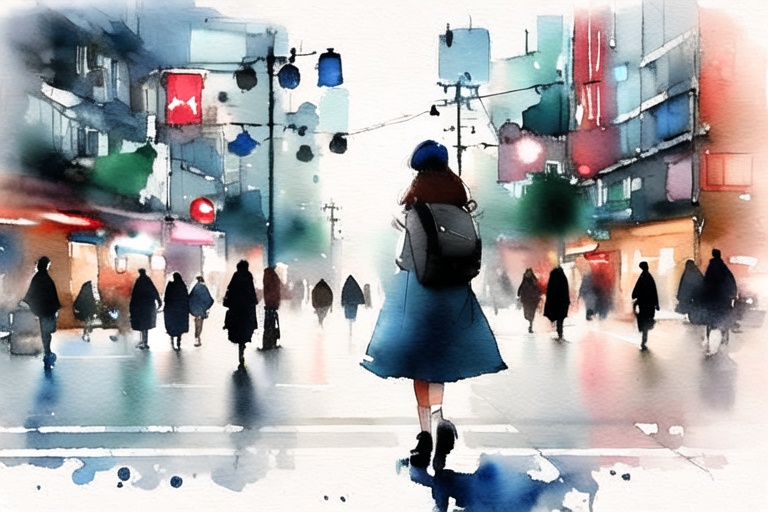 girl walk on taipei city,  watercolor,  smudge on Tensor.Art