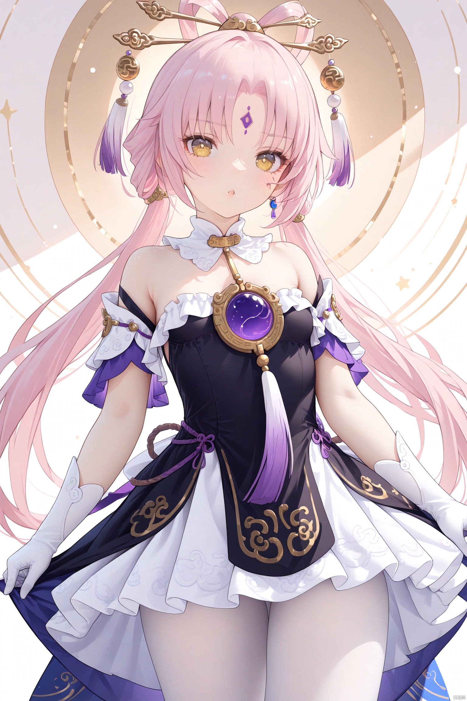  1girl,(masterpiece:1.3),( beautiful:1.2),(high quality:1.2),(finely detailed:1.2),extremely detailed CG unity 8k wallpaper,best quality,a very delicate and beautiful,perfect fingers,(one cute girl at the center:1.2),
long hair, breasts, bangs, hair ornament, dress, white dress, black dress, sleeveless dress, off-shoulder dress, bare shoulders, twintails, yellow eyes, pink hair, pantyhose, small breasts, parted bangs, facial mark, no shoes, white pantyhose, forehead mark,  hair rings, jewelry, forehead jewel, detached sleeves, tassel, white frills, gloves, white gloves,  detached collar, fuxuanSR,cowboy_shot
