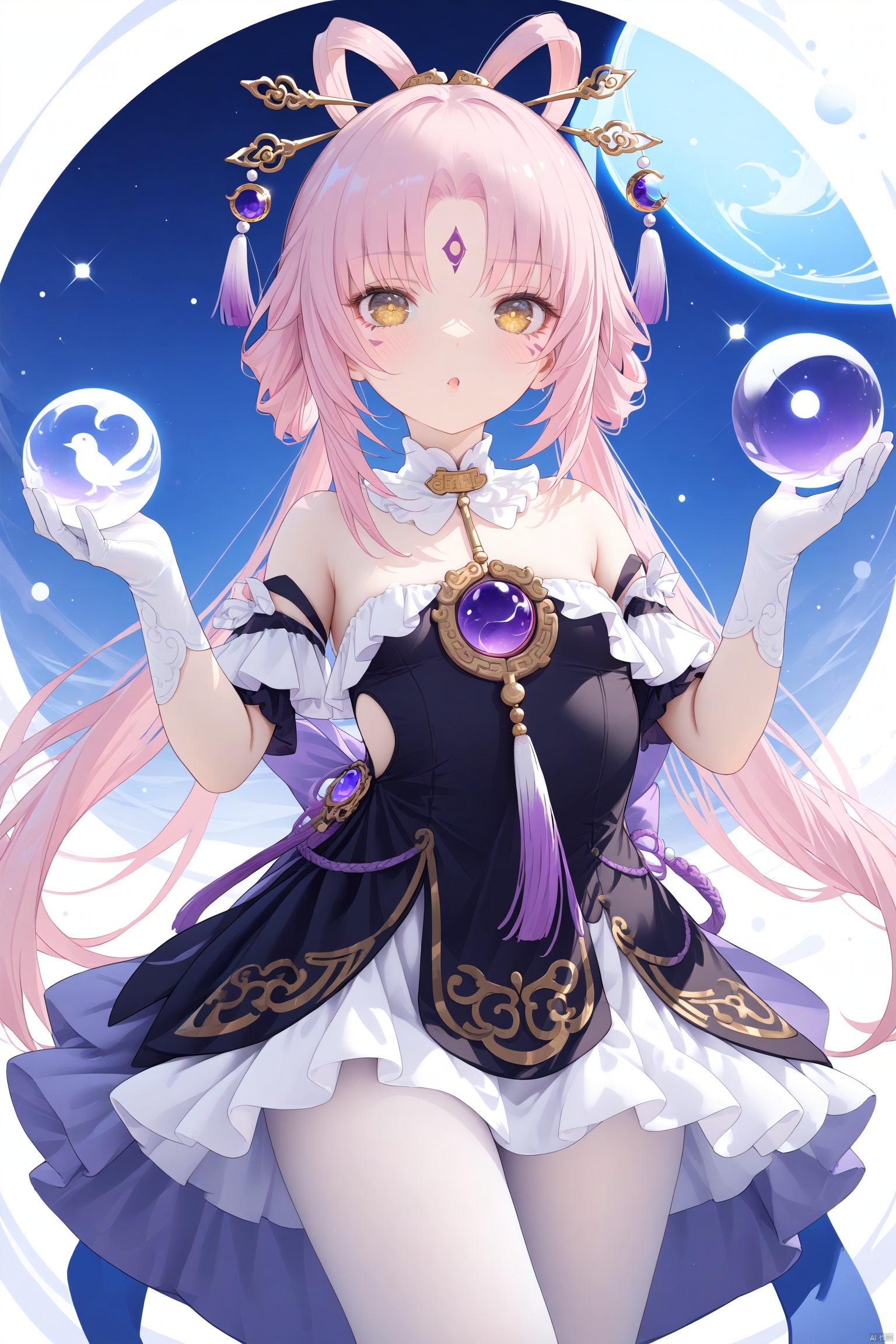  1girl,(masterpiece:1.3),( beautiful:1.2),(high quality:1.2),(finely detailed:1.2),extremely detailed CG unity 8k wallpaper,best quality,a very delicate and beautiful,perfect fingers,(one cute girl at the center:1.2),
long hair, breasts, bangs, hair ornament, dress, white dress, black dress, sleeveless dress, off-shoulder dress, bare shoulders, twintails, yellow eyes, pink hair, pantyhose, small breasts, parted bangs, facial mark, no shoes, white pantyhose, forehead mark, orb, hair rings, jewelry, forehead jewel, detached sleeves, tassel, frills, gloves, white gloves,  detached collar, fuxuanSR,cowboy_shot