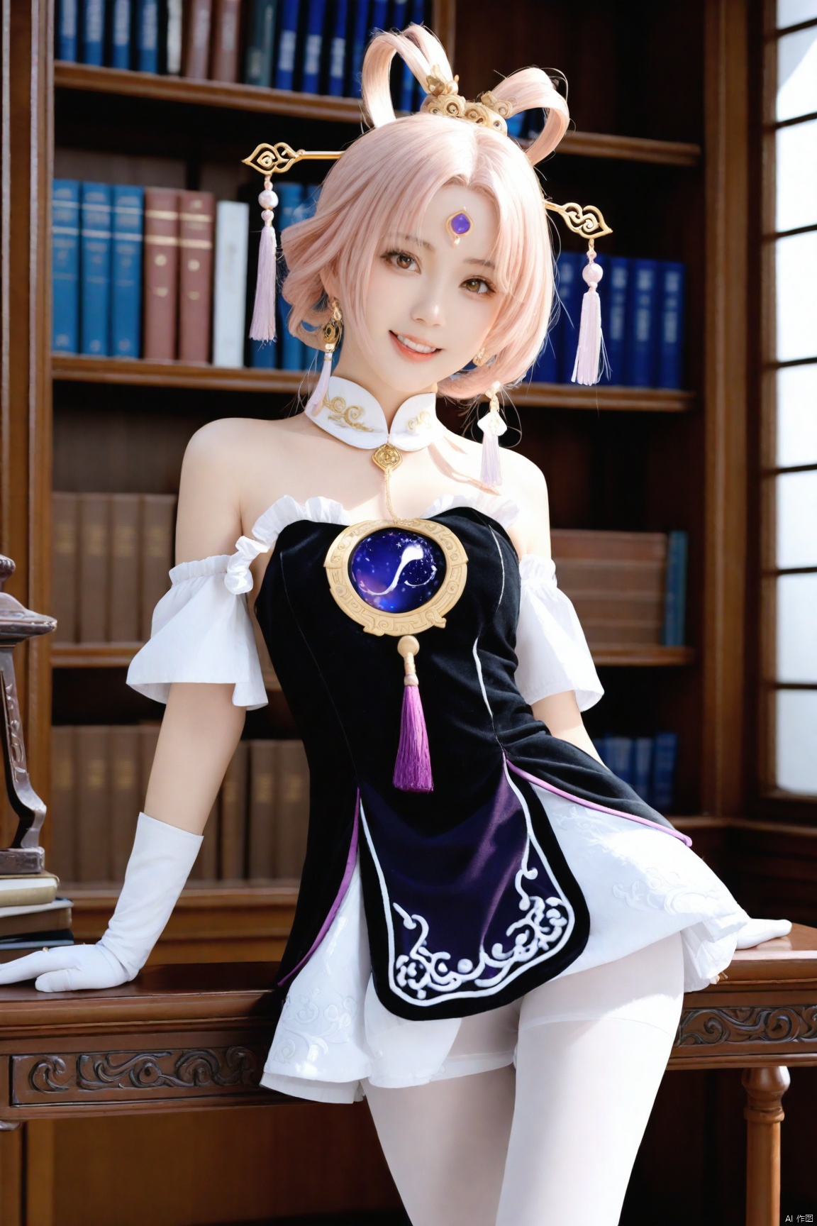  masterpiece, best quality, 
1girl, solo,long hair, long hair, breasts, bangs, hair ornament, dress, white dress, black dress, sleeveless dress, off-shoulder dress, bare shoulders, twintails, yellow eyes, pink hair, pantyhose, small breasts, parted bangs, facial mark, no shoes, white pantyhose, forehead mark, hair rings, jewelry, forehead jewel, detached sleeves, tassel, white frills, gloves, white gloves, detached collar,indoors,libary,thighs, (looking_at_viewer), smile, closed_mouth,
shy, blush, open_mouth, feet_out_of_frame, leg_spread, cowboy_shot,
  best quality, amazing quality,  fine fabric emphasis, very aesthetic, absurdres, best quality, amazing quality, very aesthetic, absurdres, Highly detailed, best quality, masterpiece, Highly detailed ,fuxuanSR